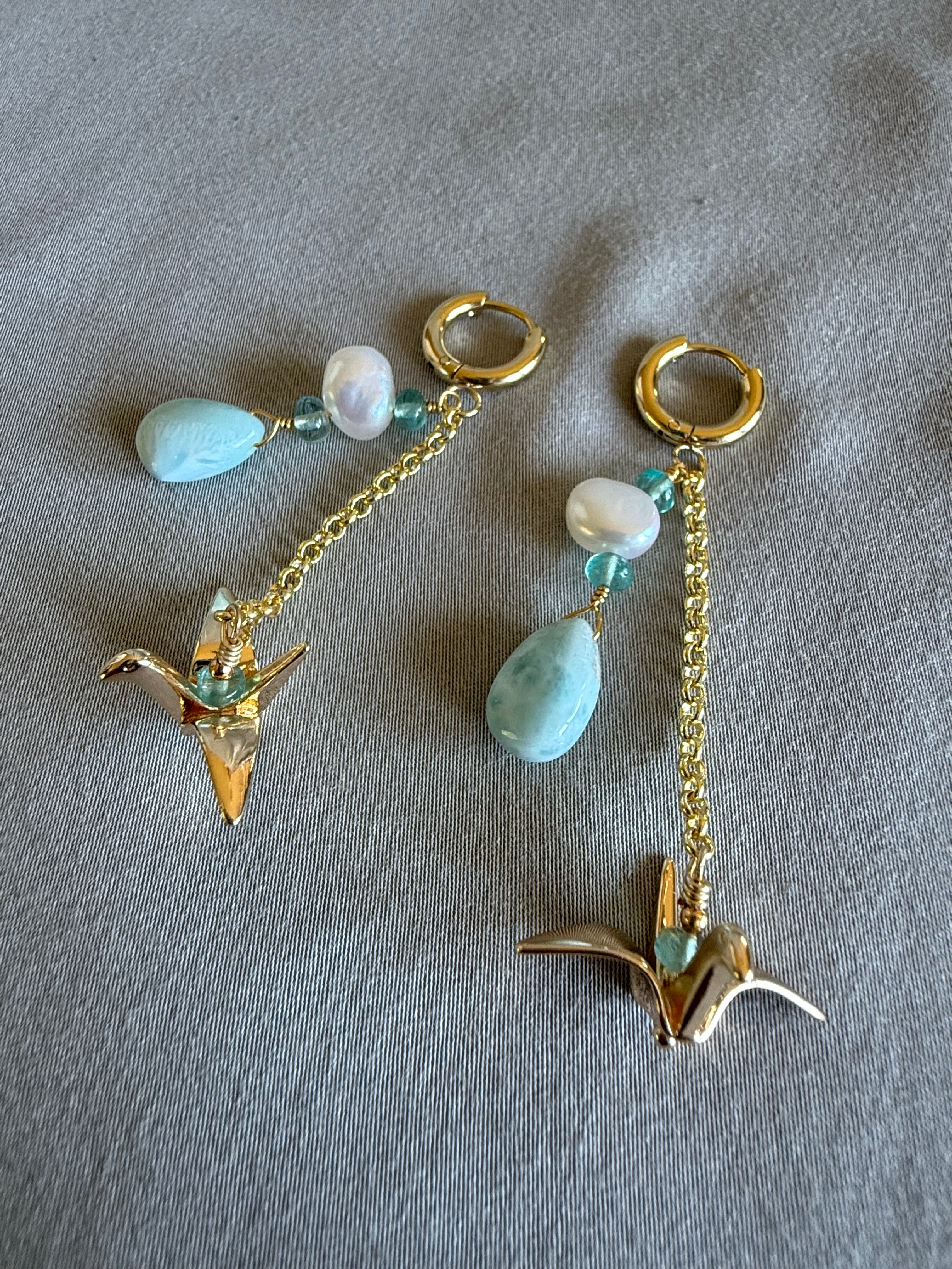 Larimar Golden Crane Earrings