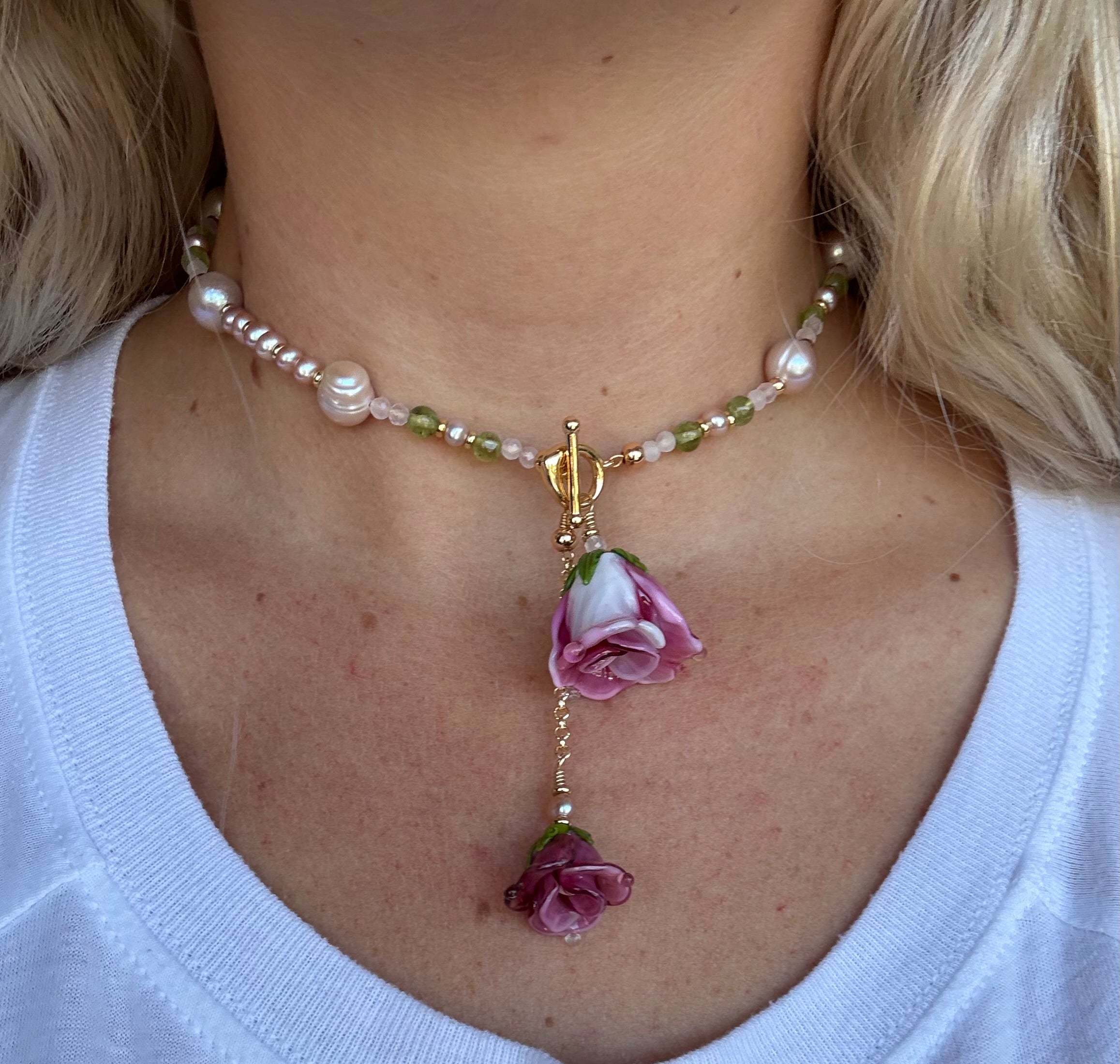 Double Pink Rose Necklace
