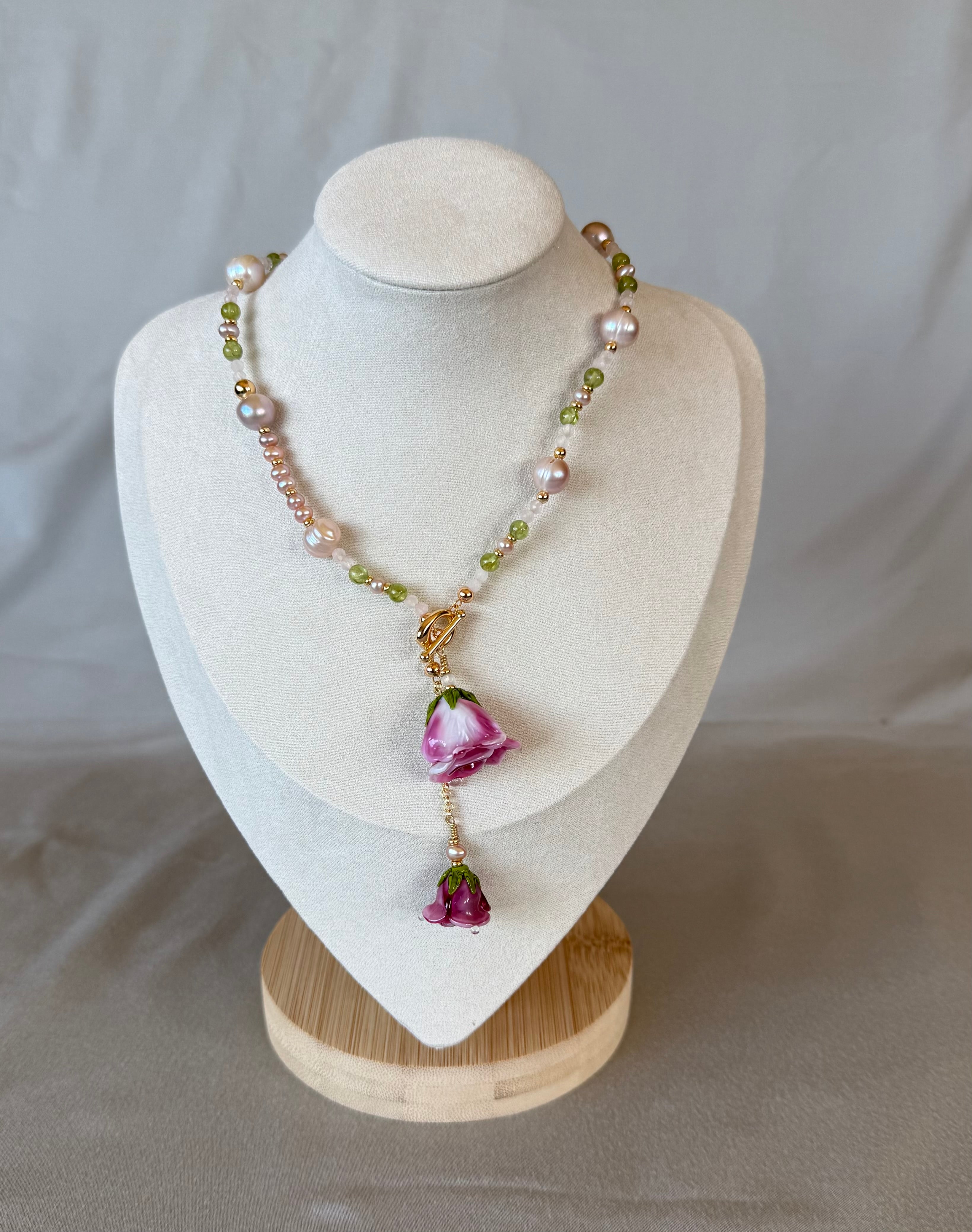 Double Pink Rose Necklace