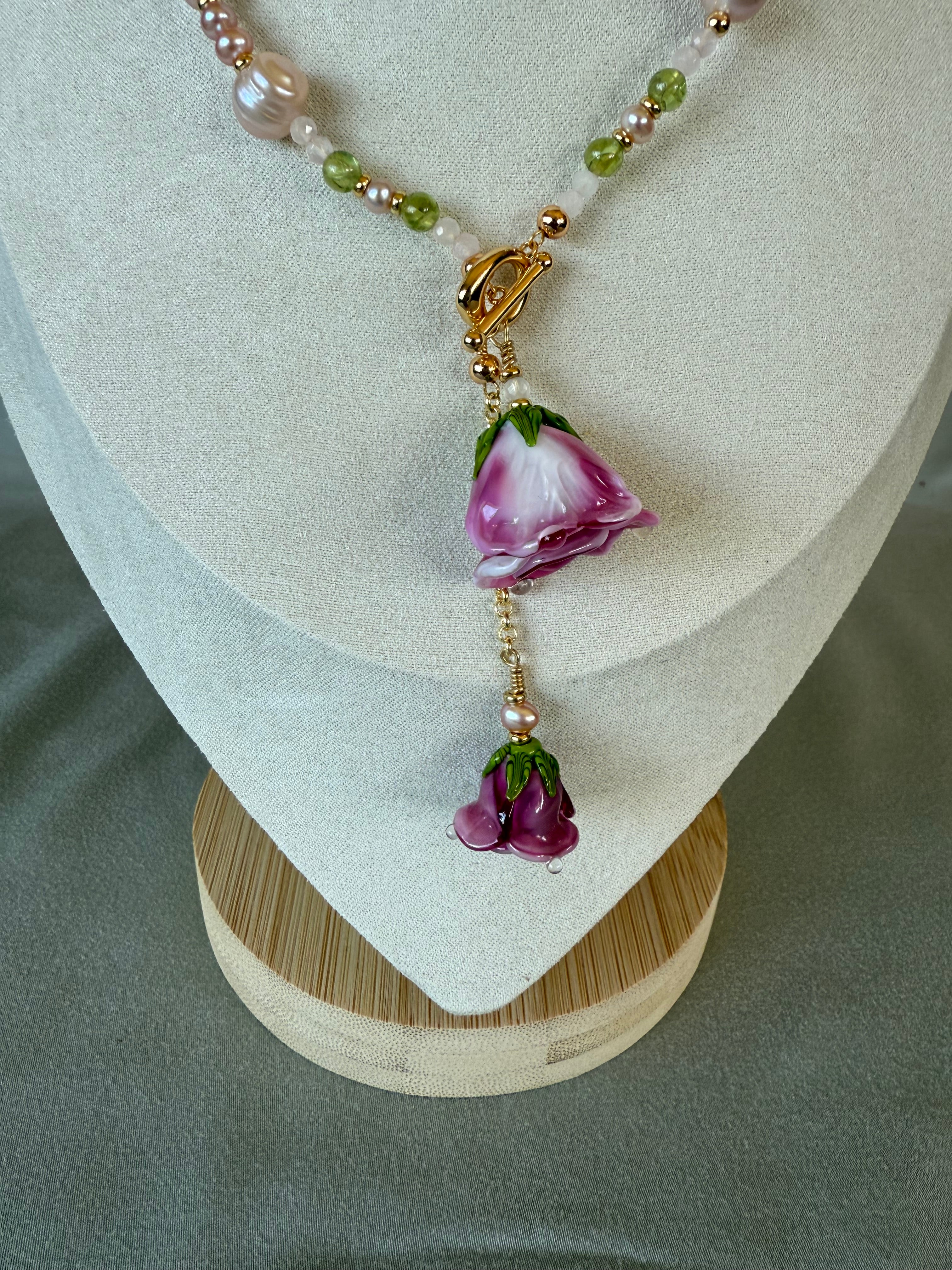 Double Pink Rose Necklace