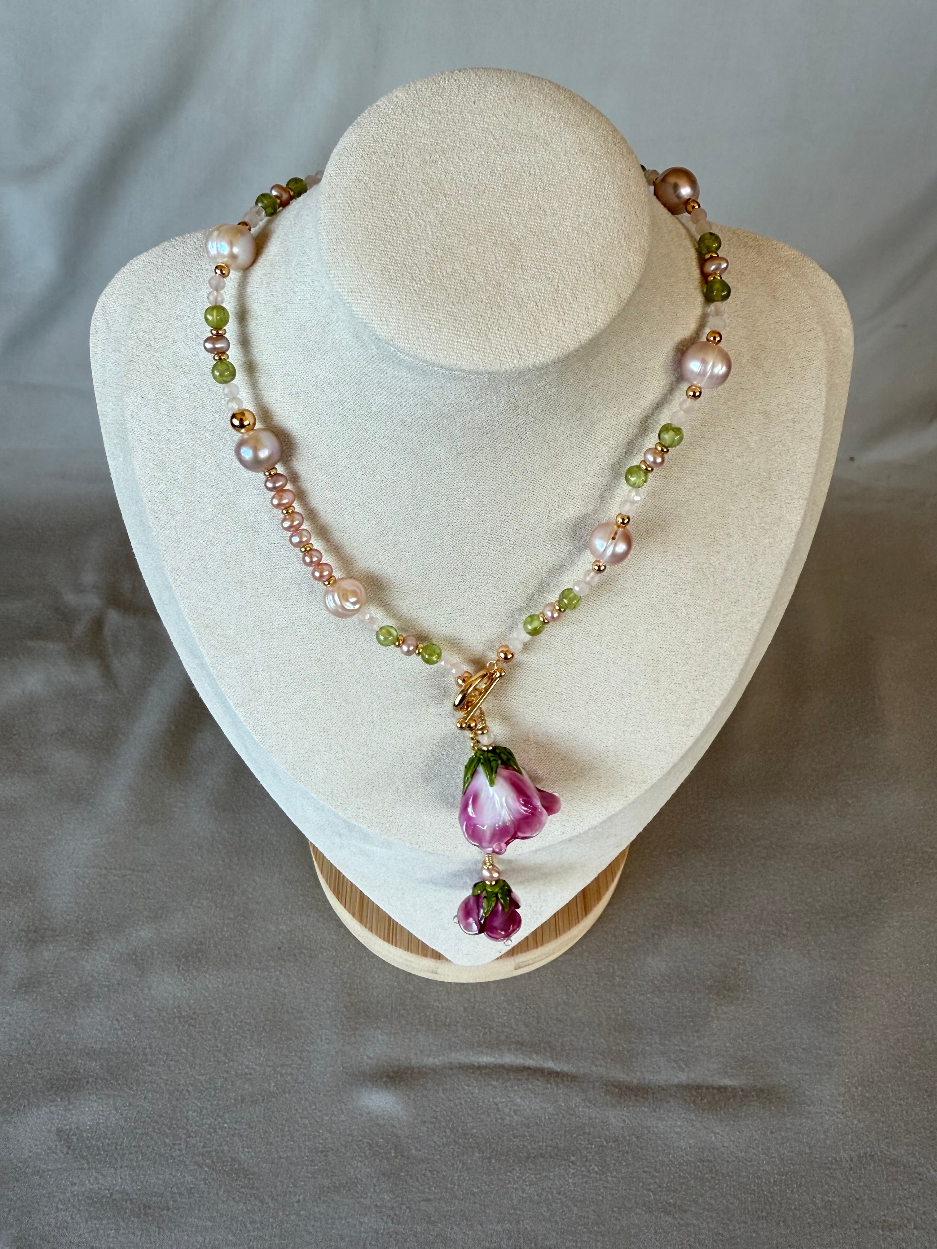 Double Pink Rose Necklace