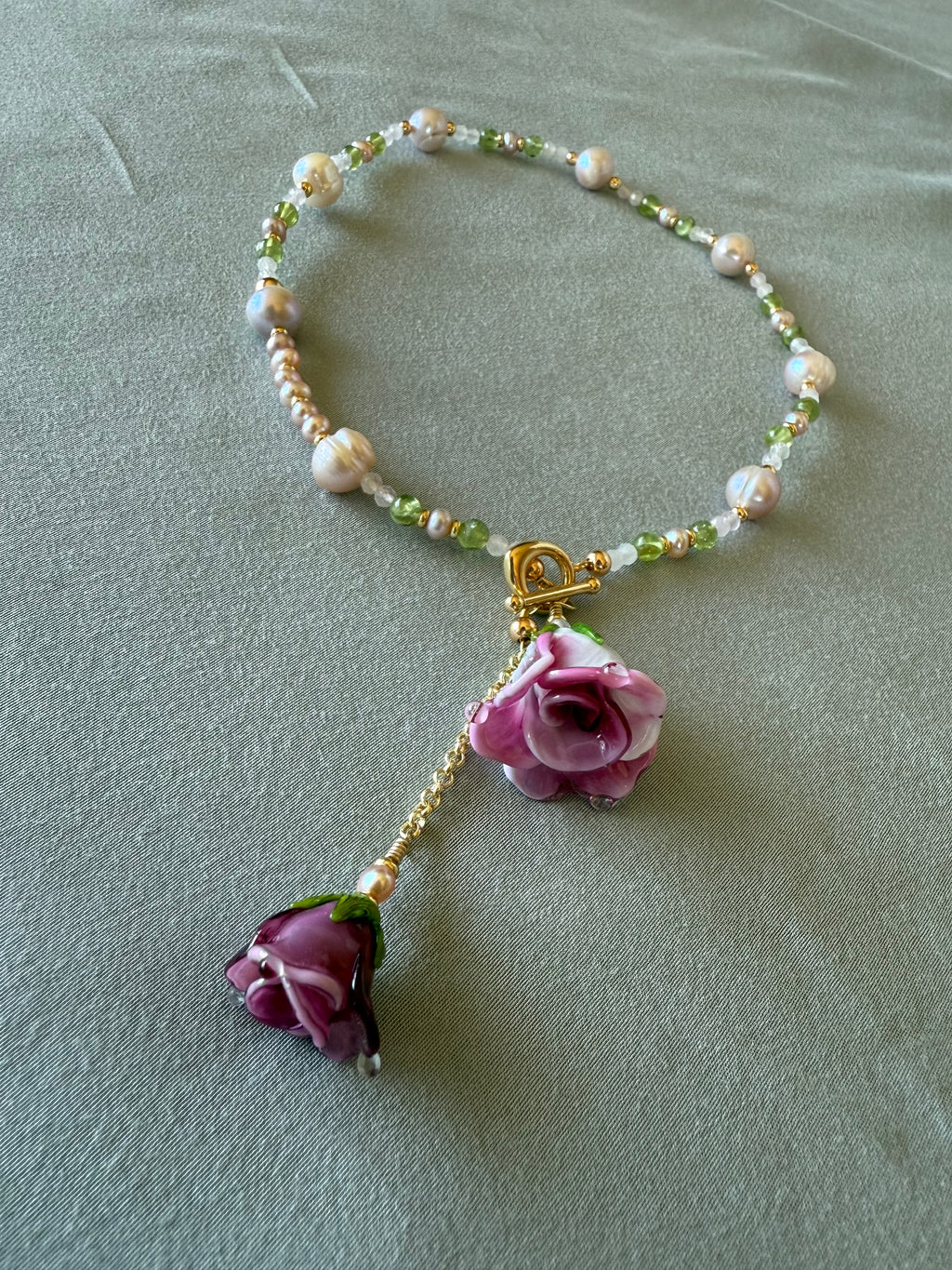 Double Pink Rose Necklace