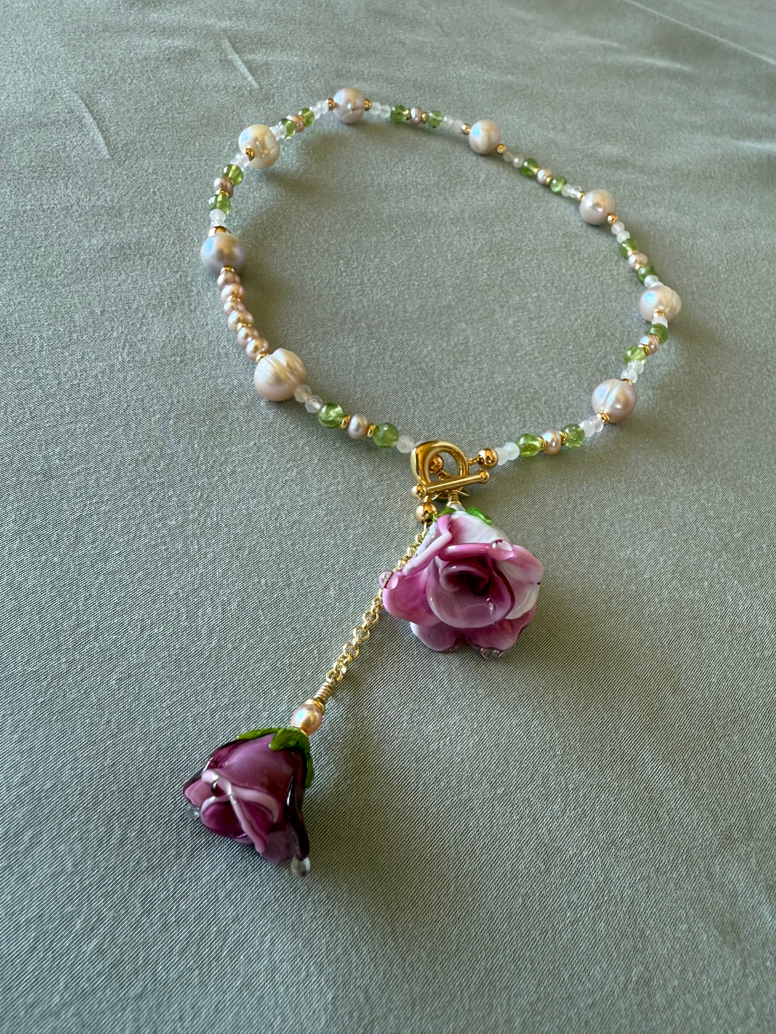 Double Pink Rose Necklace