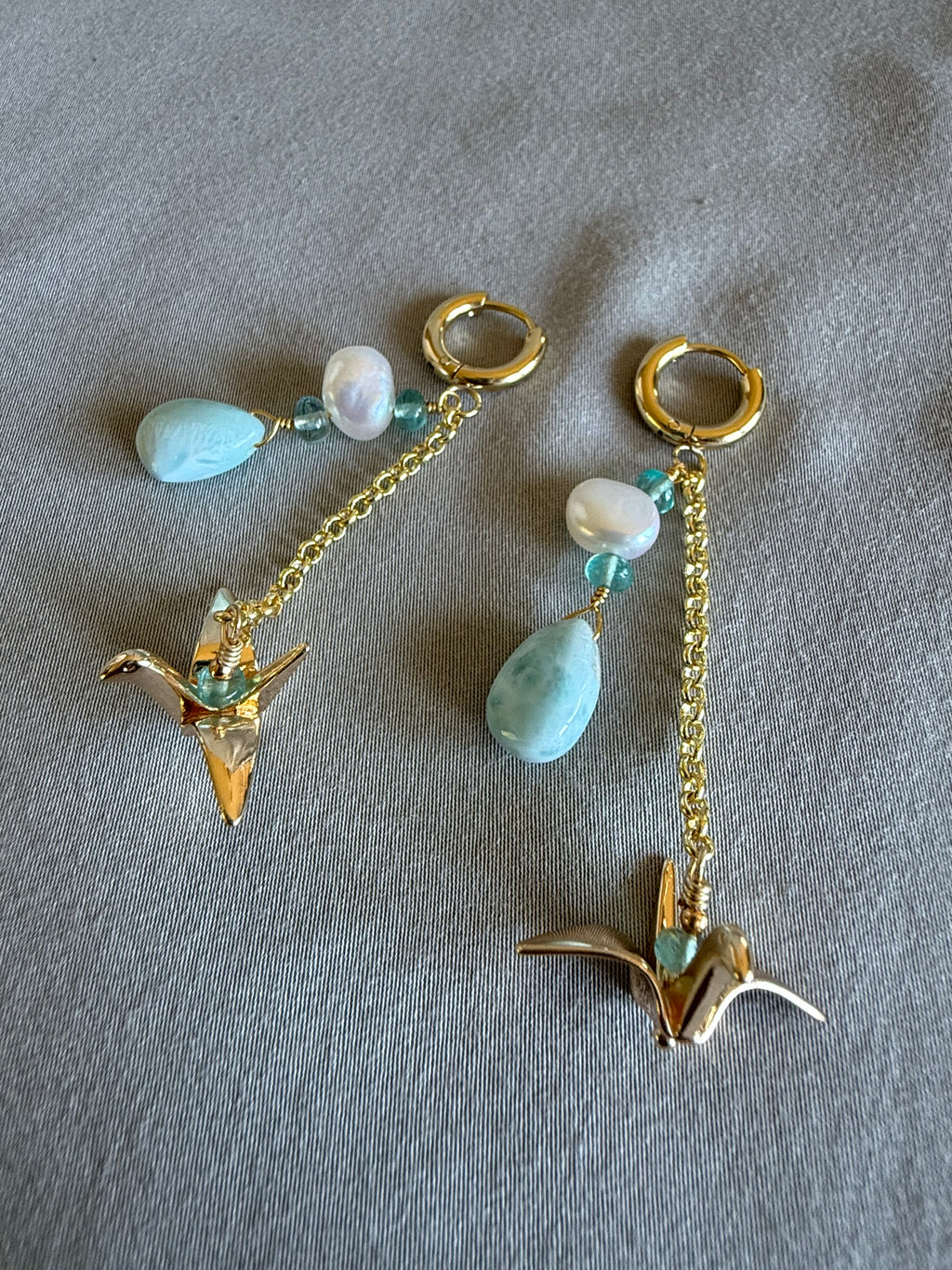 Larimar Golden Crane Earrings